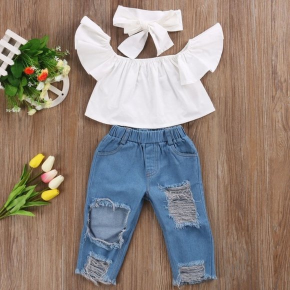 Other - Toddler Girl Off Shoulder Crop + Hole Jeans